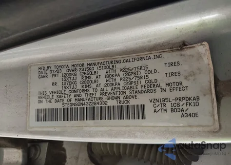 2003 Toyota Tacoma Prerunner V6 z USA, uszkodzony, nr VIN 5TEGN92N43Z284332